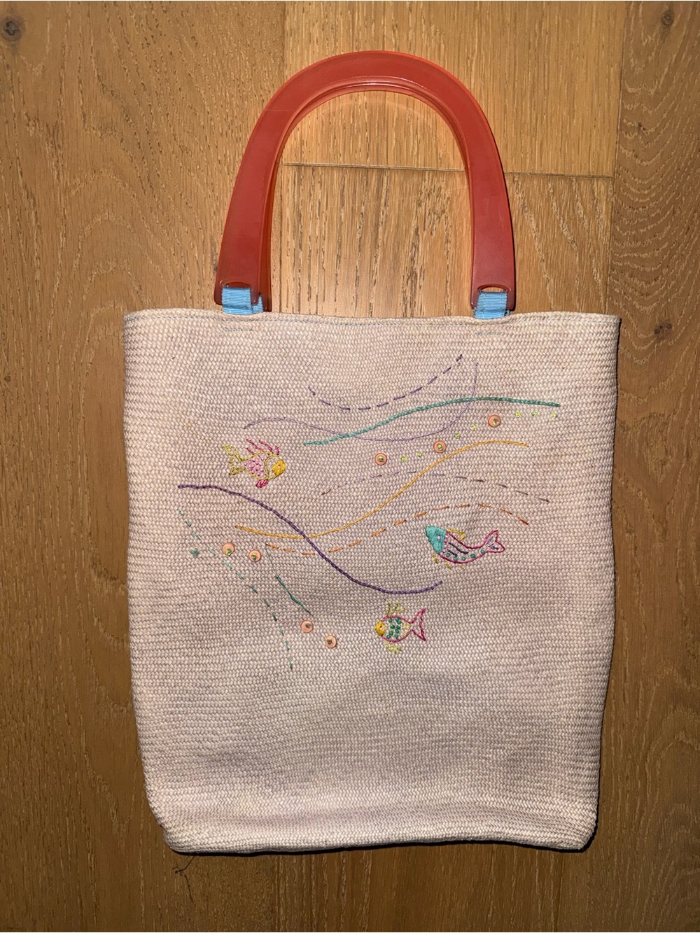 Women’s Vintage Embroidered Fish Tote Bag in Cream with Red Lucite Handles